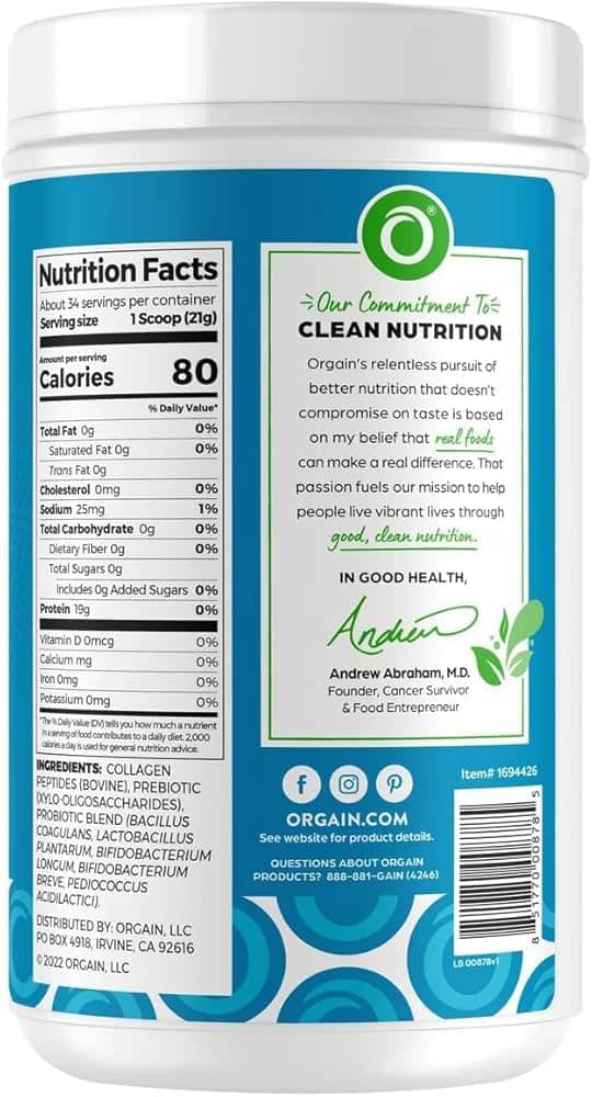 Orgain Collagen Peptides + Probiotics, Unflavored, 1.6 lbs 726 g 2